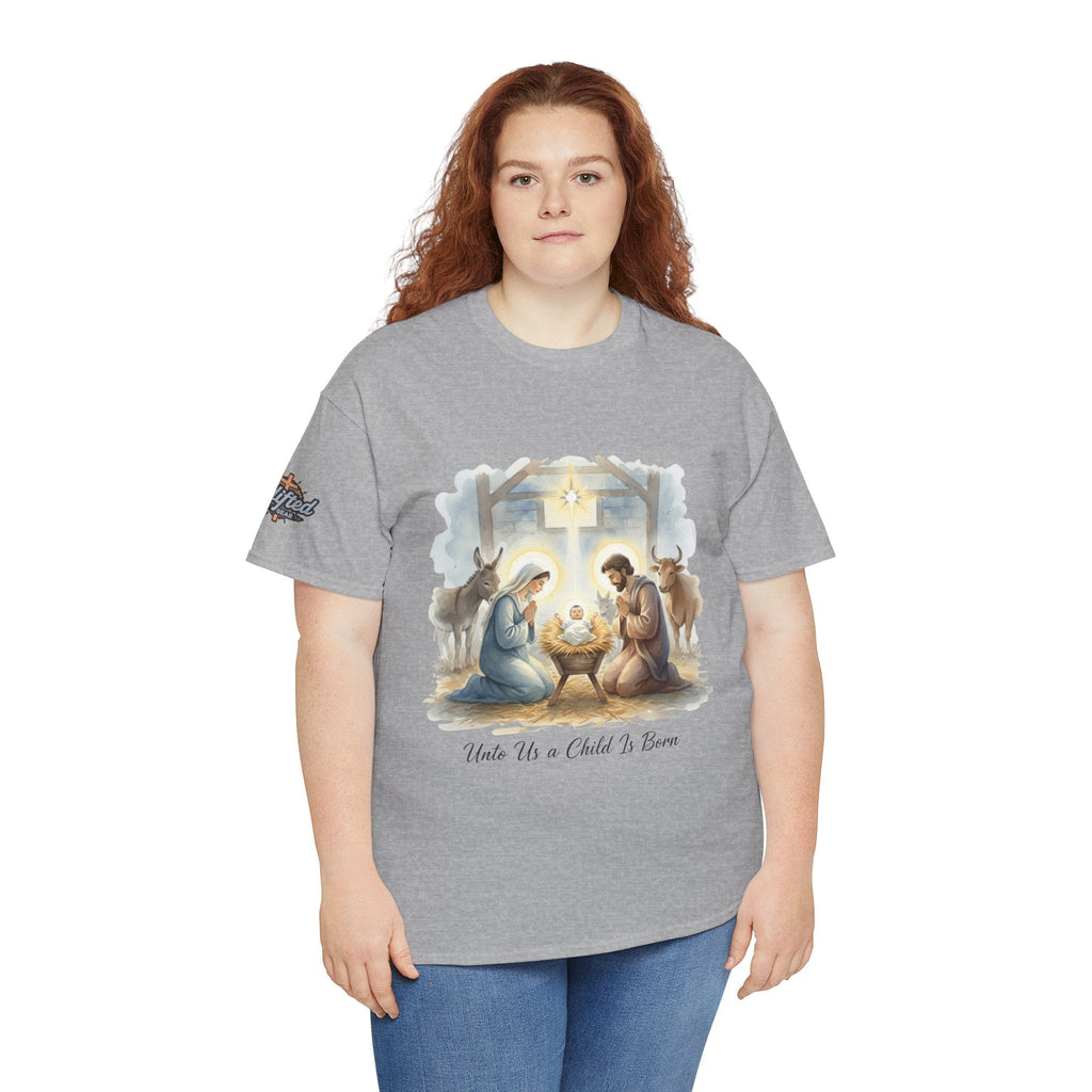 Unto Us a Child is Born T-shirt – Isaiah 9:6 Nativity Manger Scene Christian Christmas T-shirt for Holy Night Faith Printify