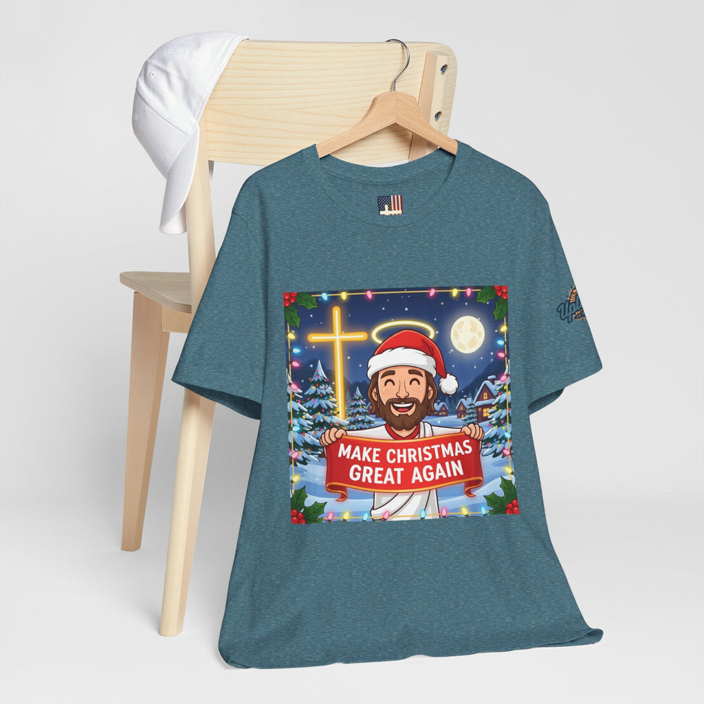 🎄 Make Christmas Great Again – Funny Christian T-Shirt | Jesus Holding Banner | Faith-Based Holiday Parody Tee | Uplifted Gear Printify