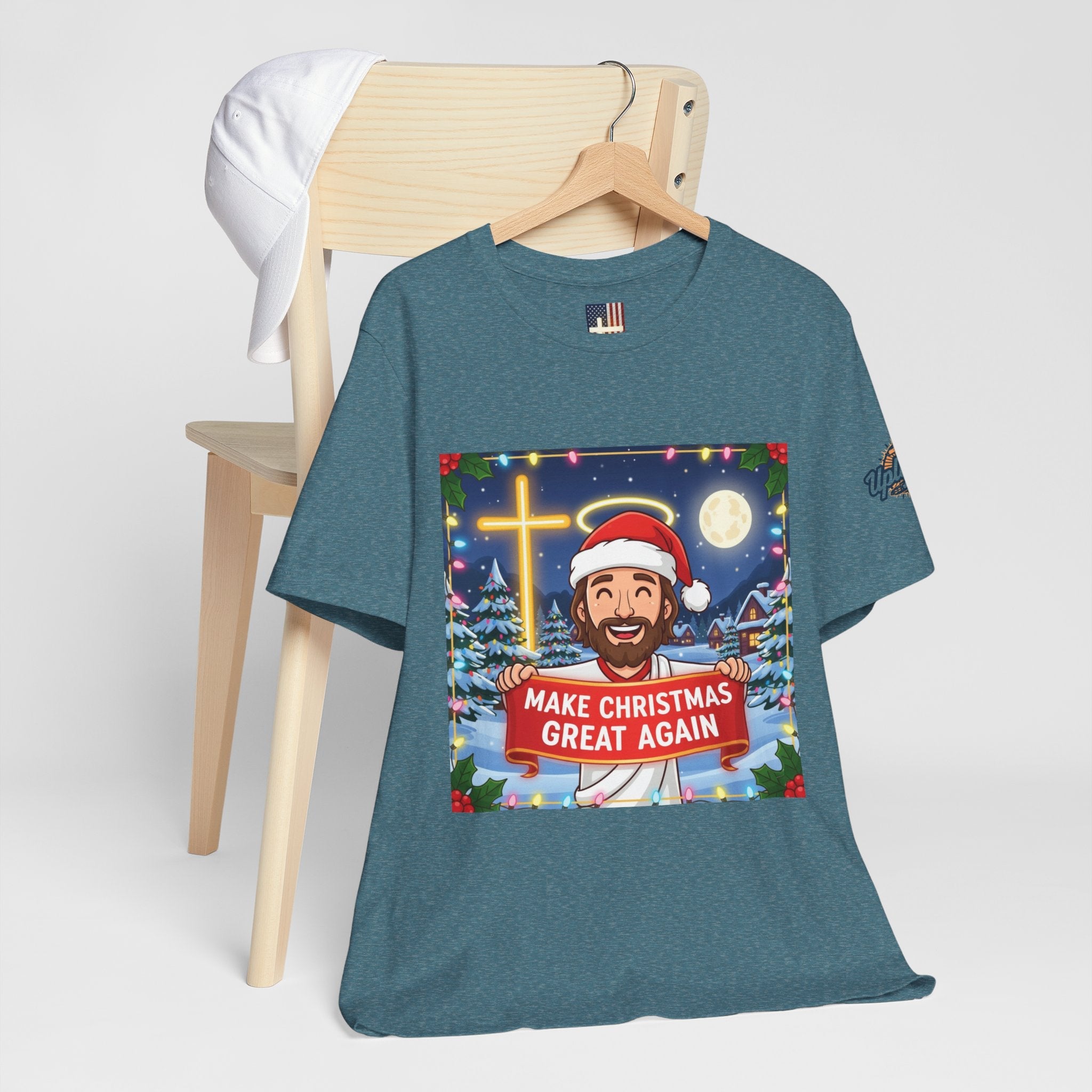 🎄 Make Christmas Great Again – Funny Christian T-Shirt | Jesus Holding Banner | Faith-Based Holiday Parody Tee | Uplifted Gear Printify