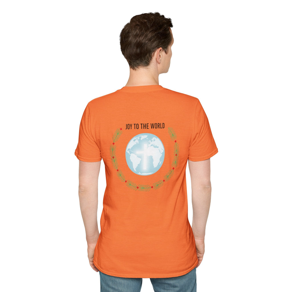 Joy to the World T-shirt – Wreath Earth Nativity Christian Christmas T-shirt for Isaiah 9:6 Holiday Faith & Festive Joy Printify