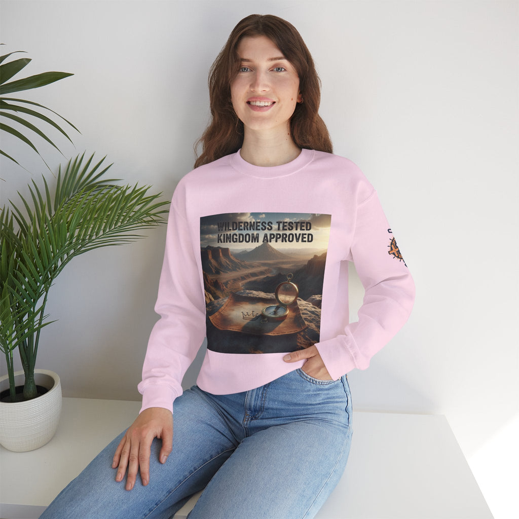 Wilderness Tested Kingdom Approved Sweatshirt – Mountain Desert Compass Crown Christian Sweatshirt for Biblical Adventure Faith Printify