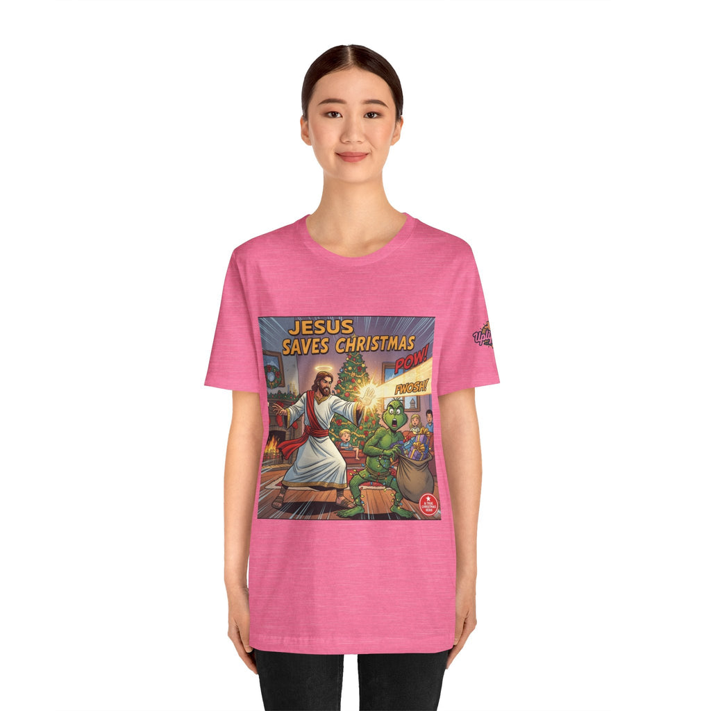 Jesus Saves Christmas T-shirt – Grinch vs Savior Light Battle Christian T-shirt for Hilarious Holiday Faith & True Joy Printify