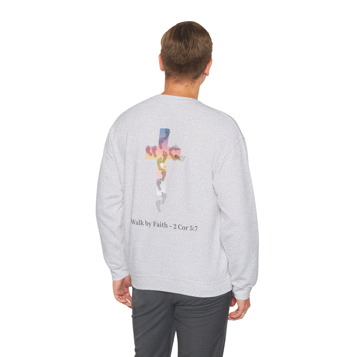 Walk by Faith Sweatshirt – Cross & Footprints Christian Sweatshirt for Cozy Inspiration Printify