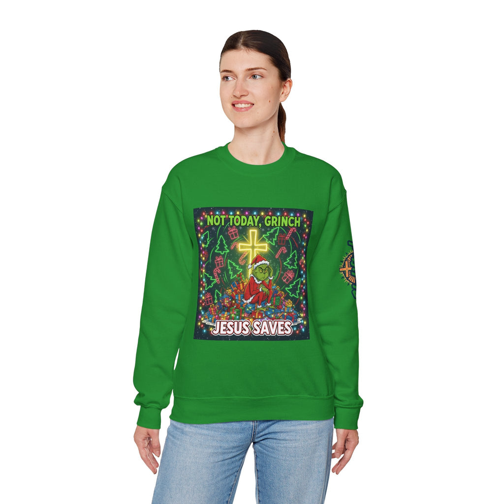 🎄 Not Today, Grinch – Jesus Saves | Funny Christian Christmas Sweatshirt | Festive Green & Red Cartoon Style | Bold Faith Holiday Tee by Uplifted Gear Printify