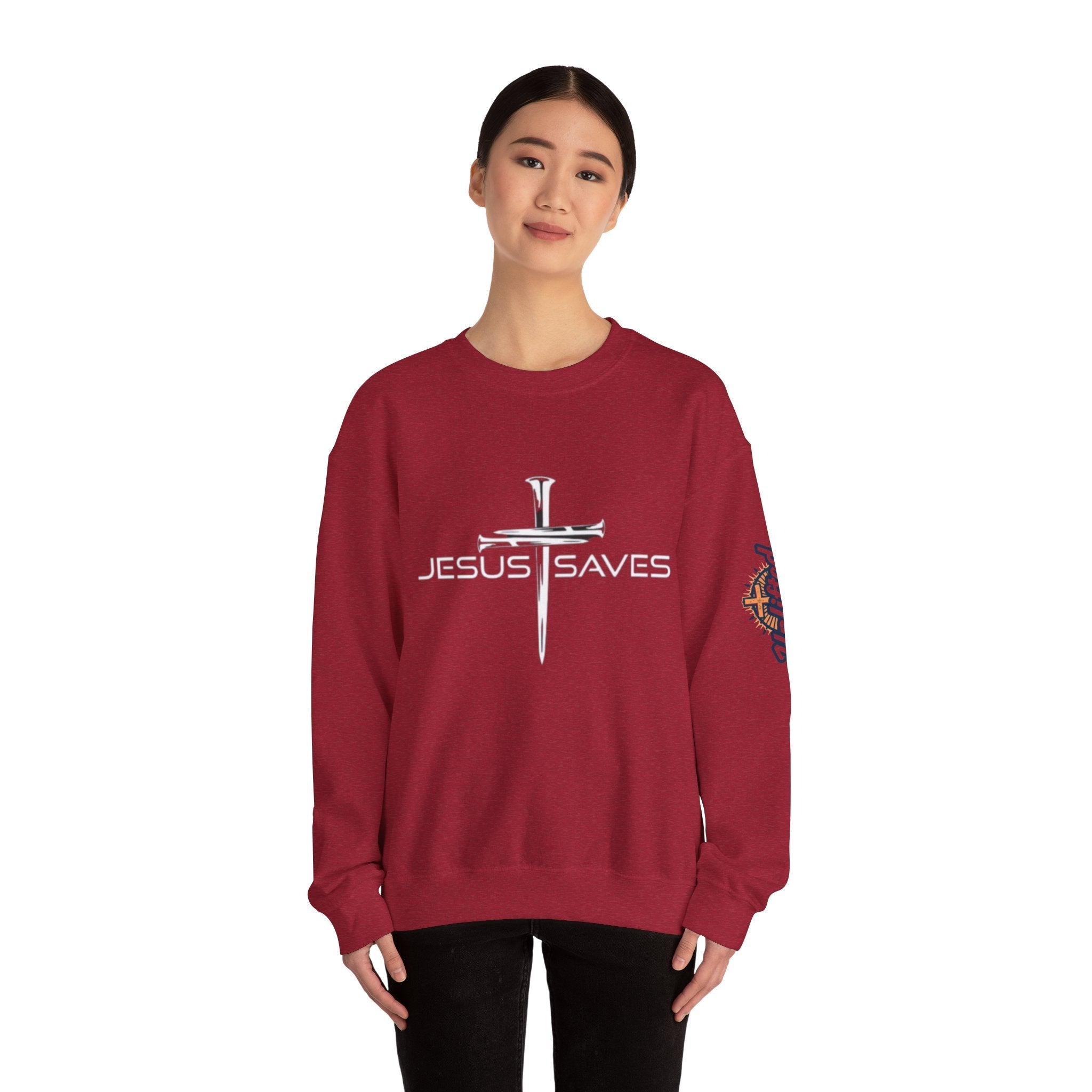 Jesus Saves Sweatshirt – 3 Nails Crucifix Cross Christian Sweatshirt for Redemption Faith & Bold Salvation Printify