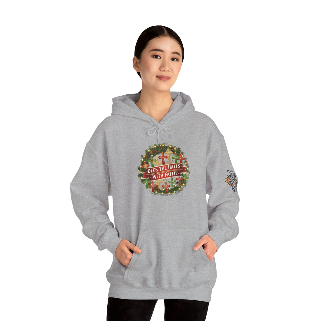 🎄 Deck the Halls with Faith – Christian Christmas Hoodie | Cross Ornament Design & Festive Garland | Bold Holiday Faith Tee by Uplifted Gear Printify