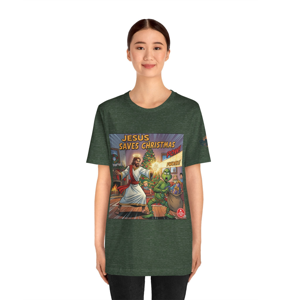 Jesus Saves Christmas T-shirt – Grinch vs Savior Light Battle Christian T-shirt for Hilarious Holiday Faith & True Joy Printify