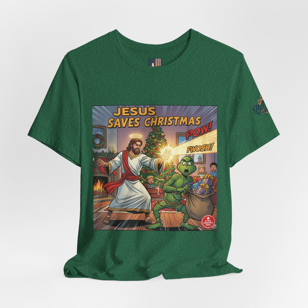 Jesus Saves Christmas T-shirt – Grinch vs Savior Light Battle Christian T-shirt for Hilarious Holiday Faith & True Joy Printify