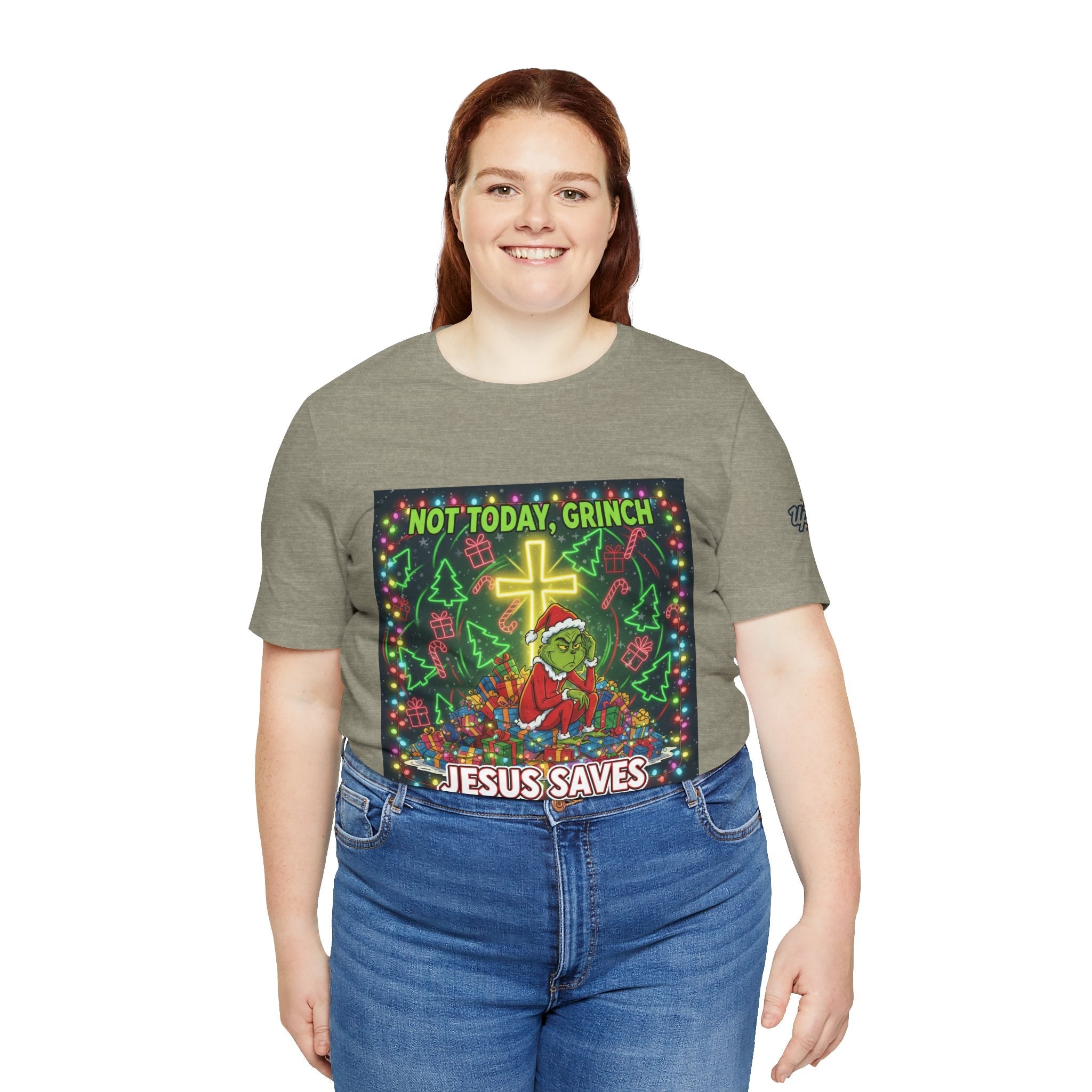 🎄 Not Today, Grinch – Jesus Saves | Funny Christian Christmas T-Shirt | Festive Green & Red Cartoon Style | Bold Faith Holiday Tee by Uplifted Gear Printify