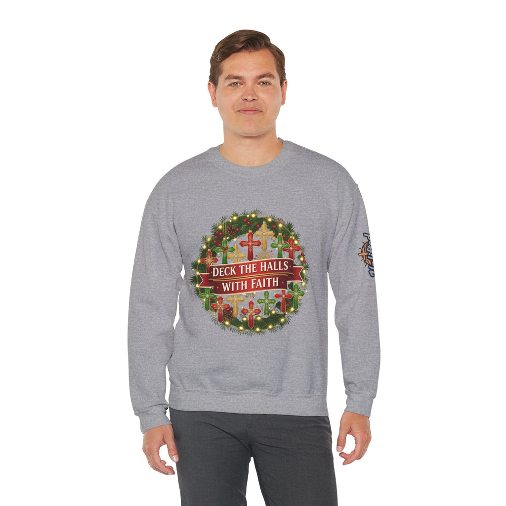 🎄 Deck the Halls with Faith – Christian Christmas Sweatshirt | Cross Ornament Design & Festive Garland | Bold Holiday Faith Tee by Uplifted Gear Printify