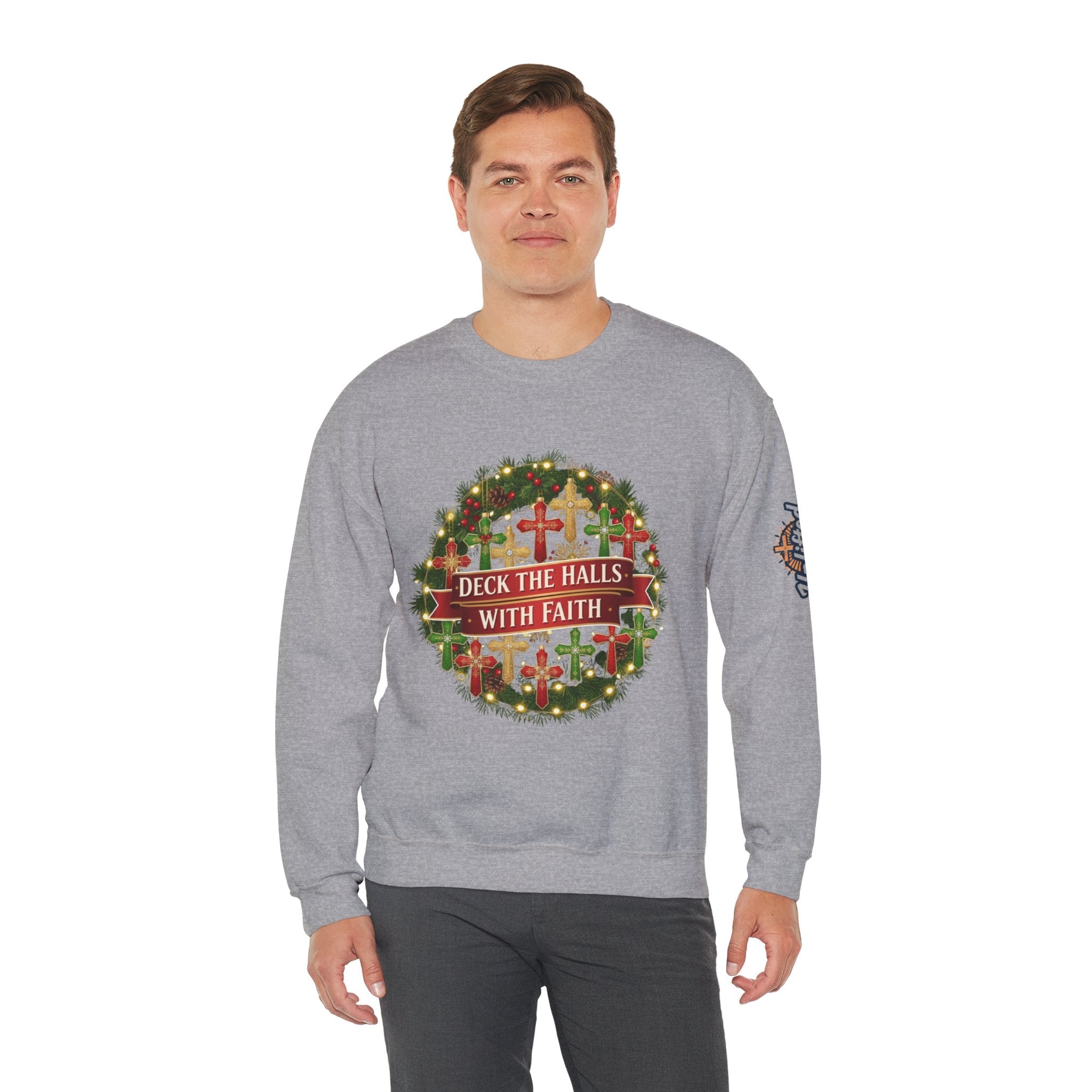 🎄 Deck the Halls with Faith – Christian Christmas Sweatshirt | Cross Ornament Design & Festive Garland | Bold Holiday Faith Tee by Uplifted Gear Printify