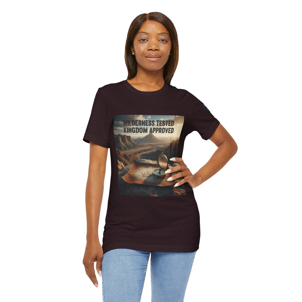 Wilderness Tested Kingdom Approved T-shirt – Mountain Desert Compass Crown Christian T-shirt for Biblical Adventure Faith Printify