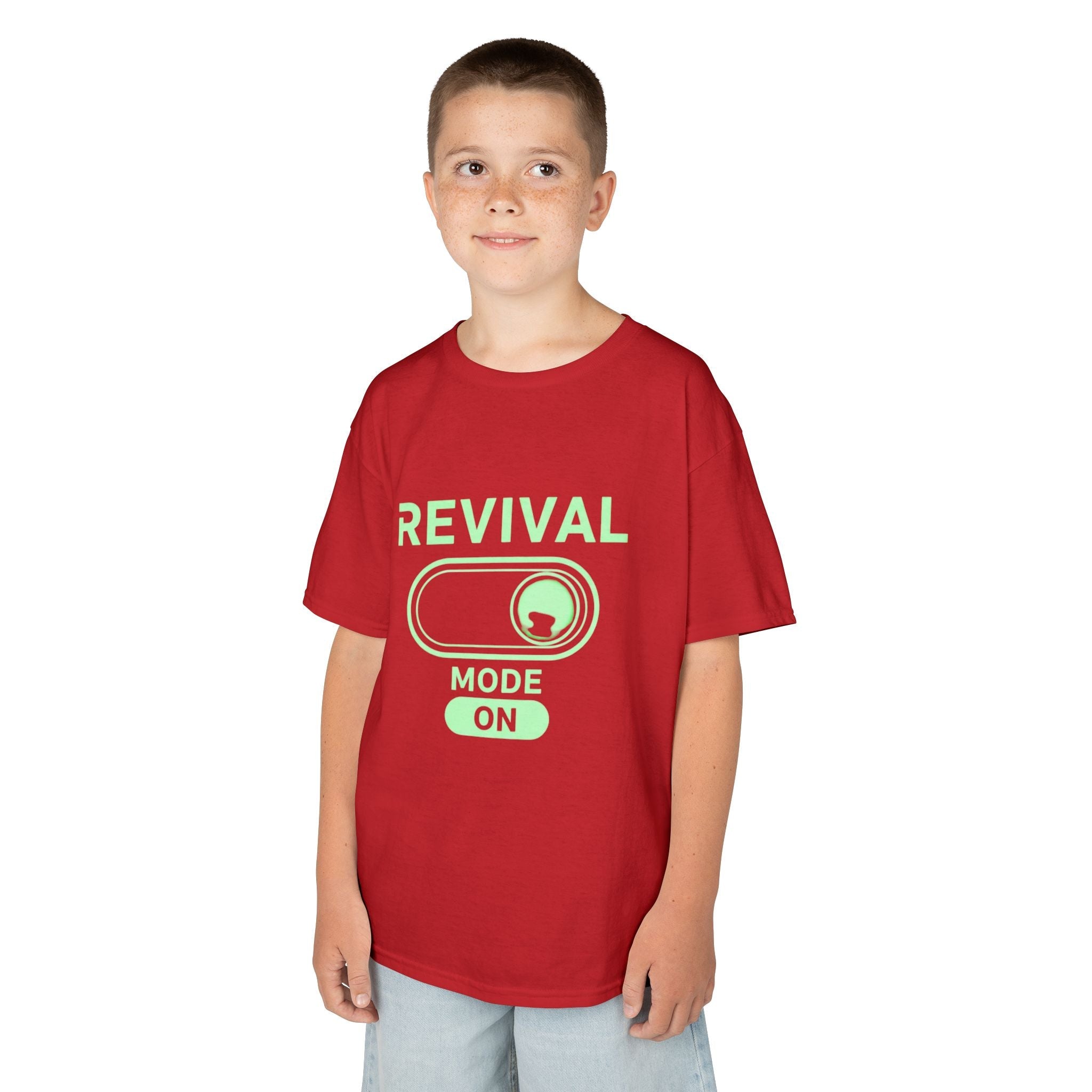 🔥 Revival Mode: ON – Christian Techwear Kids T-Shirt | Glowing Green Faith Switch | Futuristic Jesus Shirt | Activate Your Spiritual Awakening | Uplifted Gear Printify