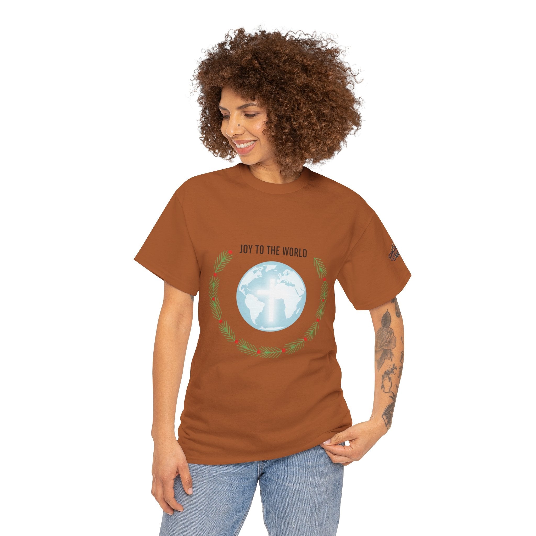 Joy to the World T-shirt – Wreath Earth Nativity Christian Christmas T-shirt for Isaiah 9:6 Holiday Faith & Festive Joy Printify