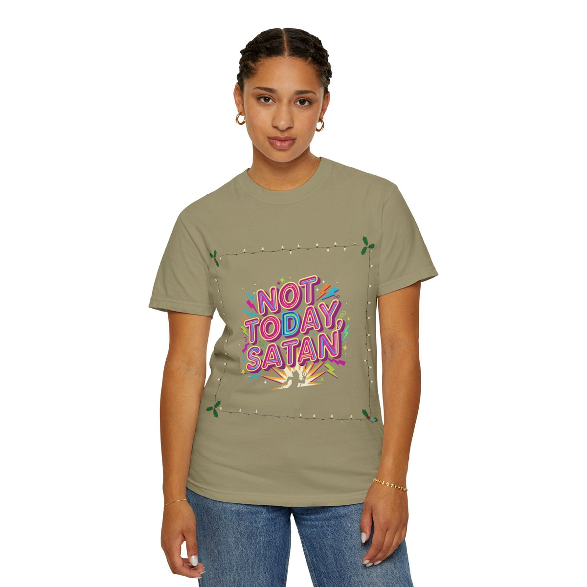 🔥 Not Today, Satan – Retro 90s Christian T-Shirt | Neon Faith Tee | Funky Cartoon Devil | Bold Bible Verse Shirt | Uplifted Gear Printify