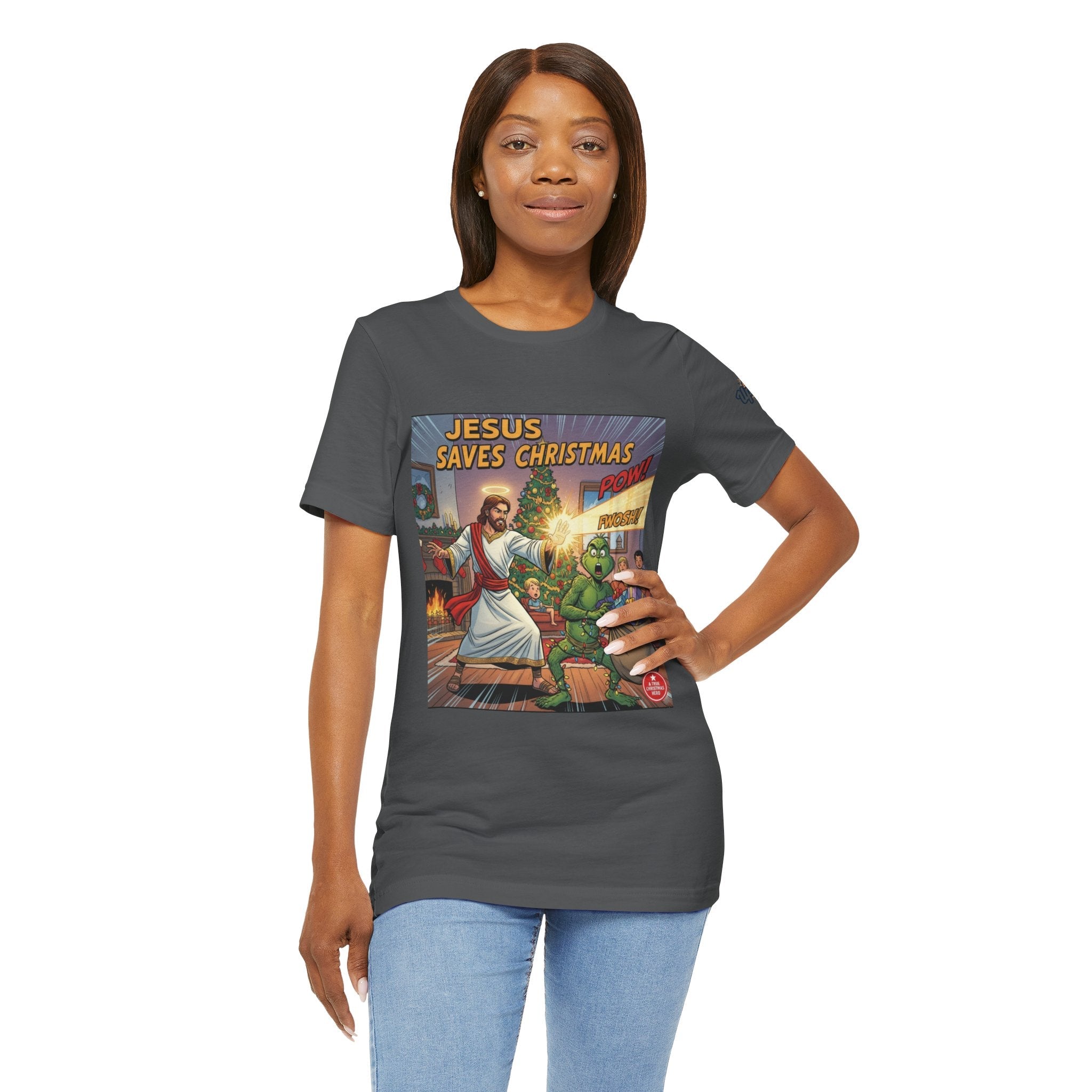 Jesus Saves Christmas T-shirt – Grinch vs Savior Light Battle Christian T-shirt for Hilarious Holiday Faith & True Joy Printify