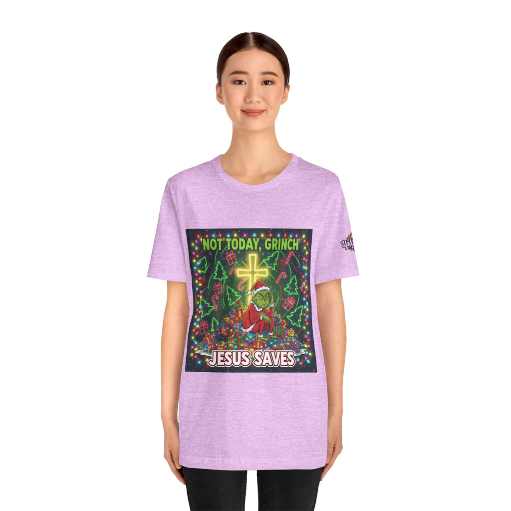 🎄 Not Today, Grinch – Jesus Saves | Funny Christian Christmas T-Shirt | Festive Green & Red Cartoon Style | Bold Faith Holiday Tee by Uplifted Gear Printify