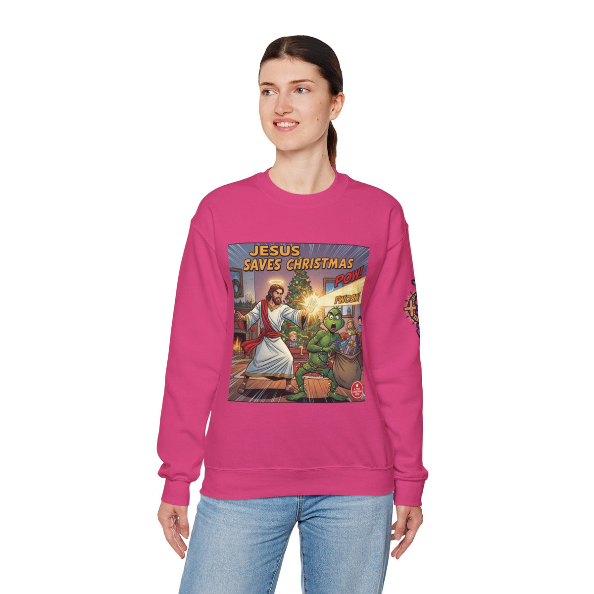 Jesus Saves Christmas Sweatshirt – Grinch vs Savior Light Battle Christian Sweatshirt for Hilarious Holiday Faith & True Joy Printify