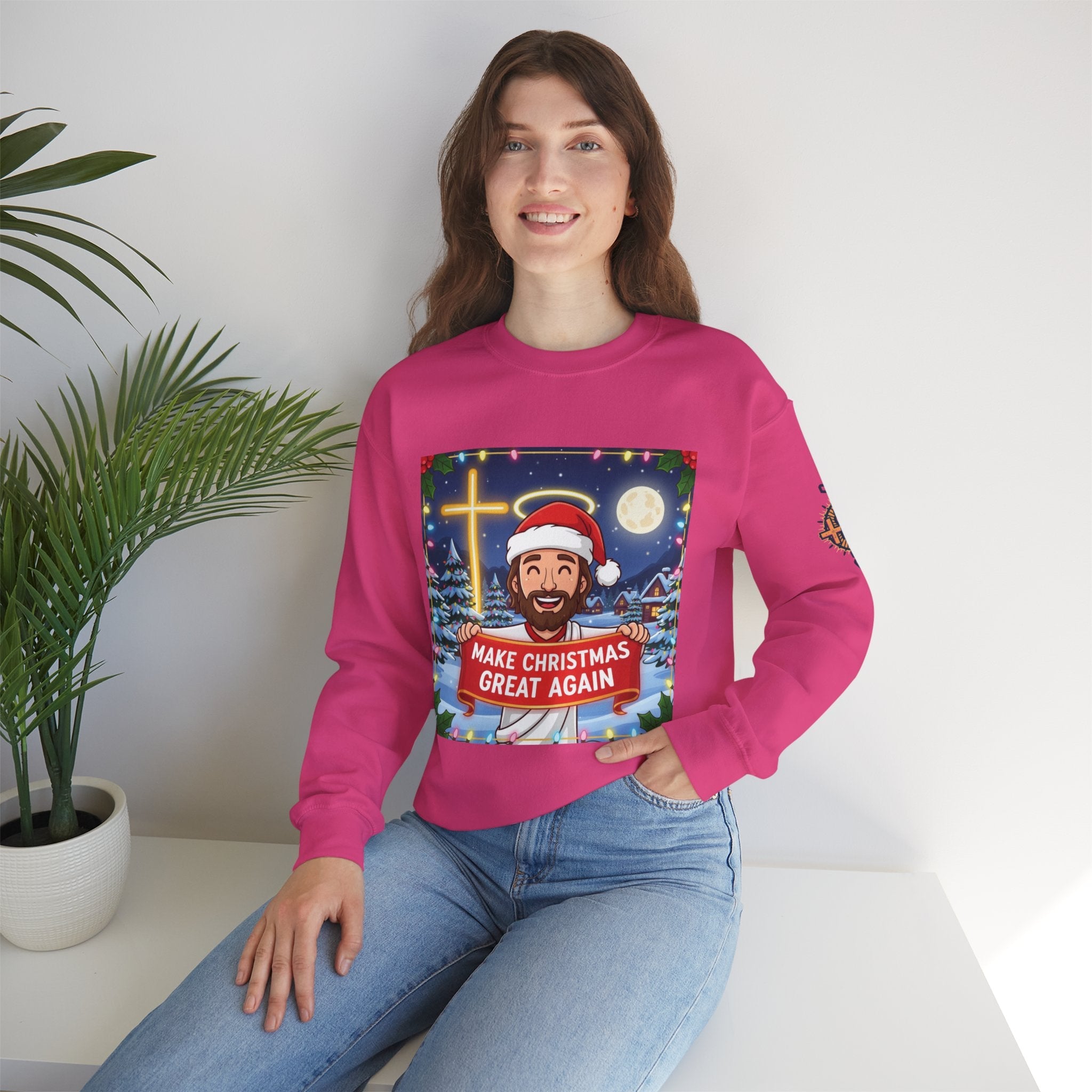 🎄 Make Christmas Great Again – Funny Christian Sweatshirt | Jesus Holding Banner | Faith-Based Holiday Parody Tee | Uplifted Gear Printify