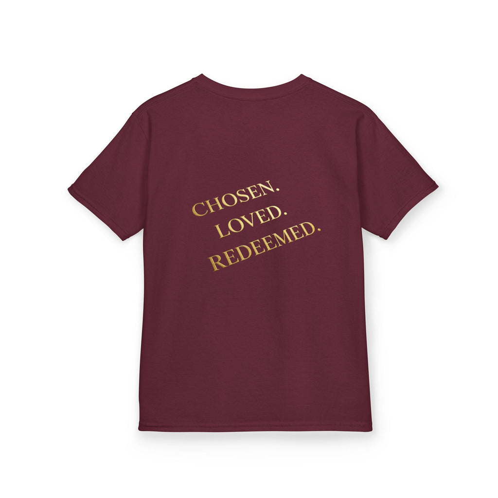 ✨ Chosen. Loved. Redeemed. – Elegant Christian Kids T-Shirt | Gold Foil Faith Tee | Subtle Cross & Heart Design | Inspirational Bible Verse Apparel by Uplifted Gear Printify