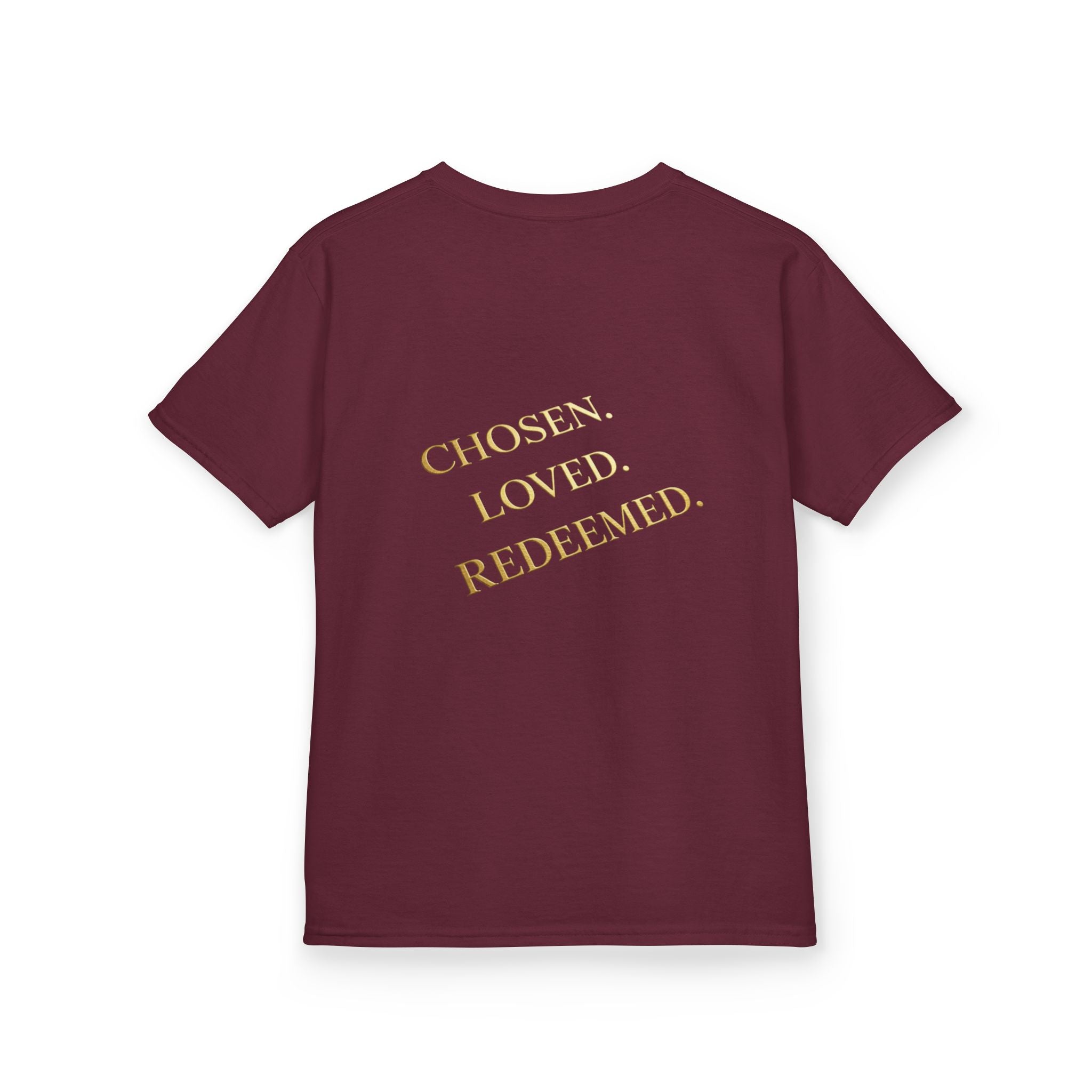 ✨ Chosen. Loved. Redeemed. – Elegant Christian Kids T-Shirt | Gold Foil Faith Tee | Subtle Cross & Heart Design | Inspirational Bible Verse Apparel by Uplifted Gear Printify