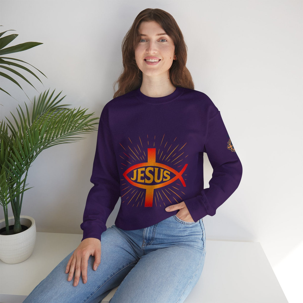 Jesus Ichthys Sweatshirt – Christian Fish Symbol with Cross & Jesus Inscription Sweatshirt for Eternal Faith & Streetwear Printify