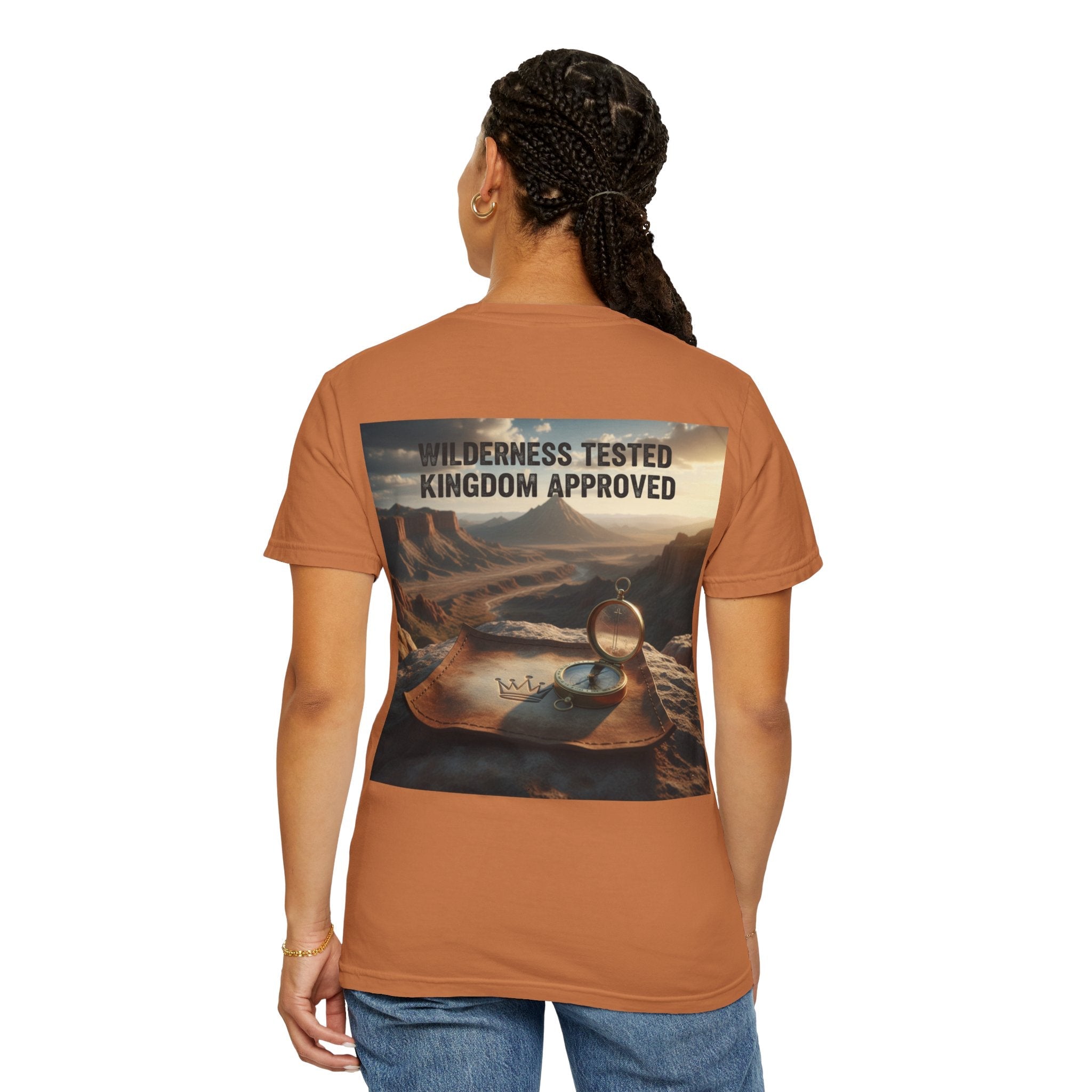 Wilderness Tested Kingdom Approved T-shirt – Mountain Desert Compass Crown Christian T-shirt for Biblical Adventure Faith Printify