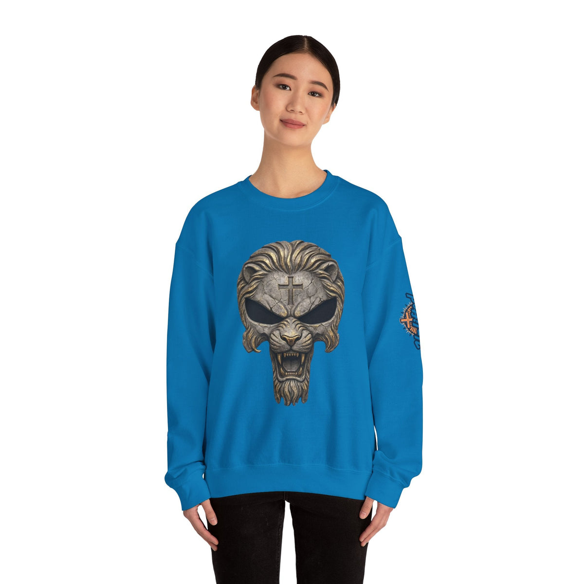 Lion of Judah Skull Christian Sweatshirt - Warrior Faith Cross Sweatshirt Printify