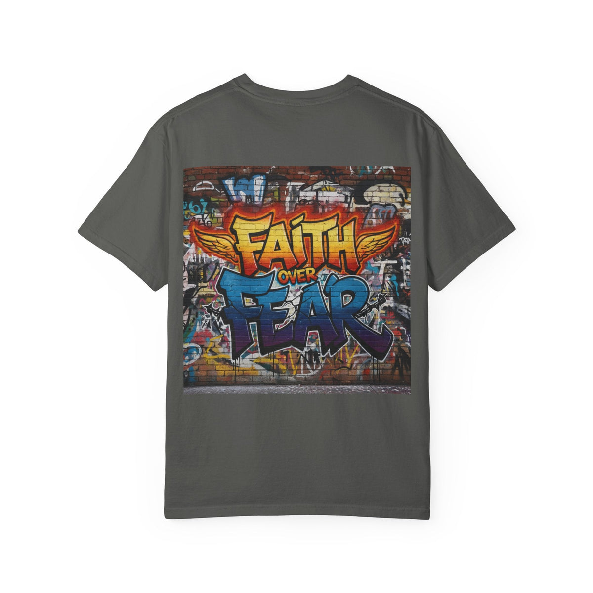 Faith Over Fear T-shirt – Graffiti Wall Christian T-shirt for Bold 2 Corinthians 5:7 Streetwear & Unshakable Faith Printify