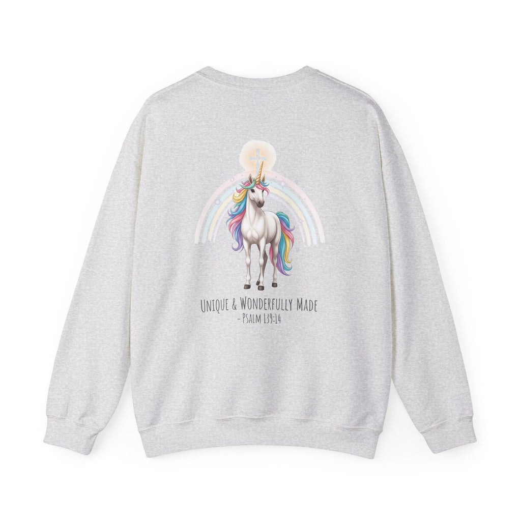 Unique Unicorn Sweatshirt – Rainbow Cross Psalm 139:14 Christian Sweatshirt for Wonderfully Made Printify