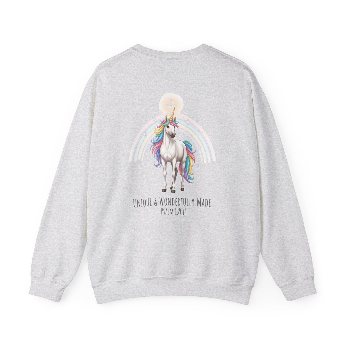 Unique Unicorn Sweatshirt – Rainbow Cross Psalm 139:14 Christian Sweatshirt for Wonderfully Made Printify