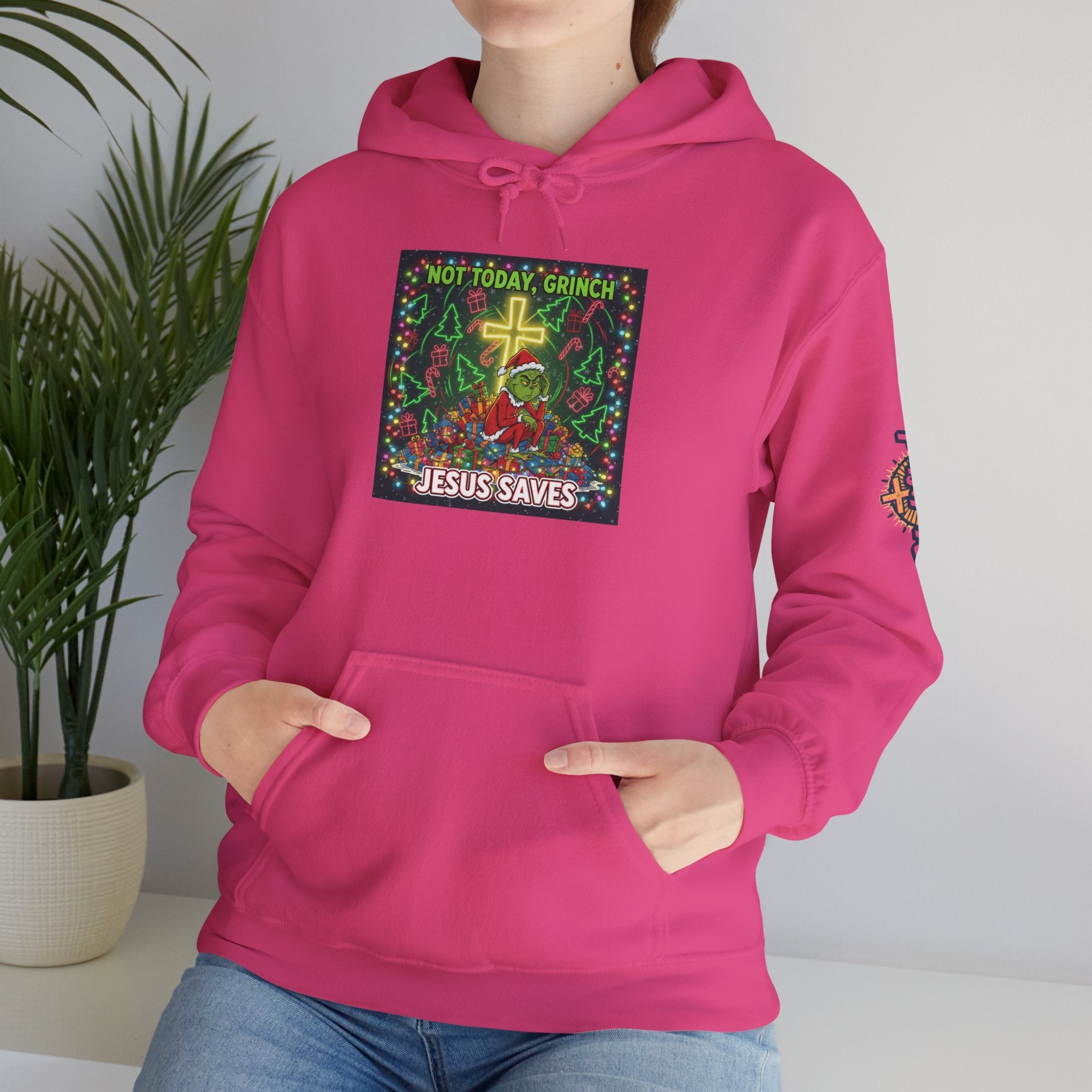 🎄 Not Today, Grinch – Jesus Saves | Funny Christian Christmas Hoodie | Festive Green & Red Cartoon Style | Bold Faith Holiday Tee by Uplifted Gear Printify
