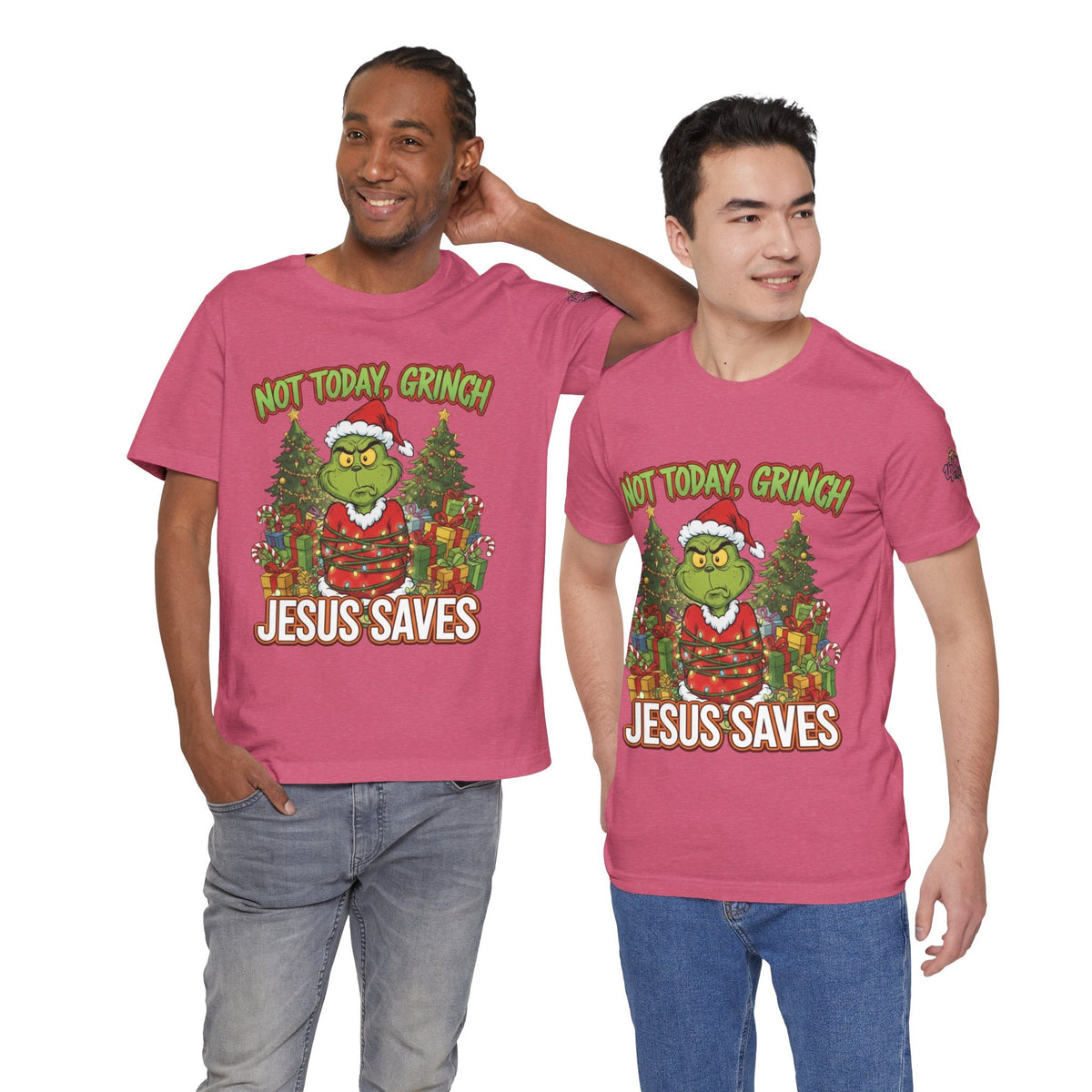 🎄 Not Today, Grinch – Jesus Saves | Funny Christian Christmas T-Shirt | Sulking Grinch & Glowing Cross | Bold Neon Faith Tee by Uplifted Gear Printify