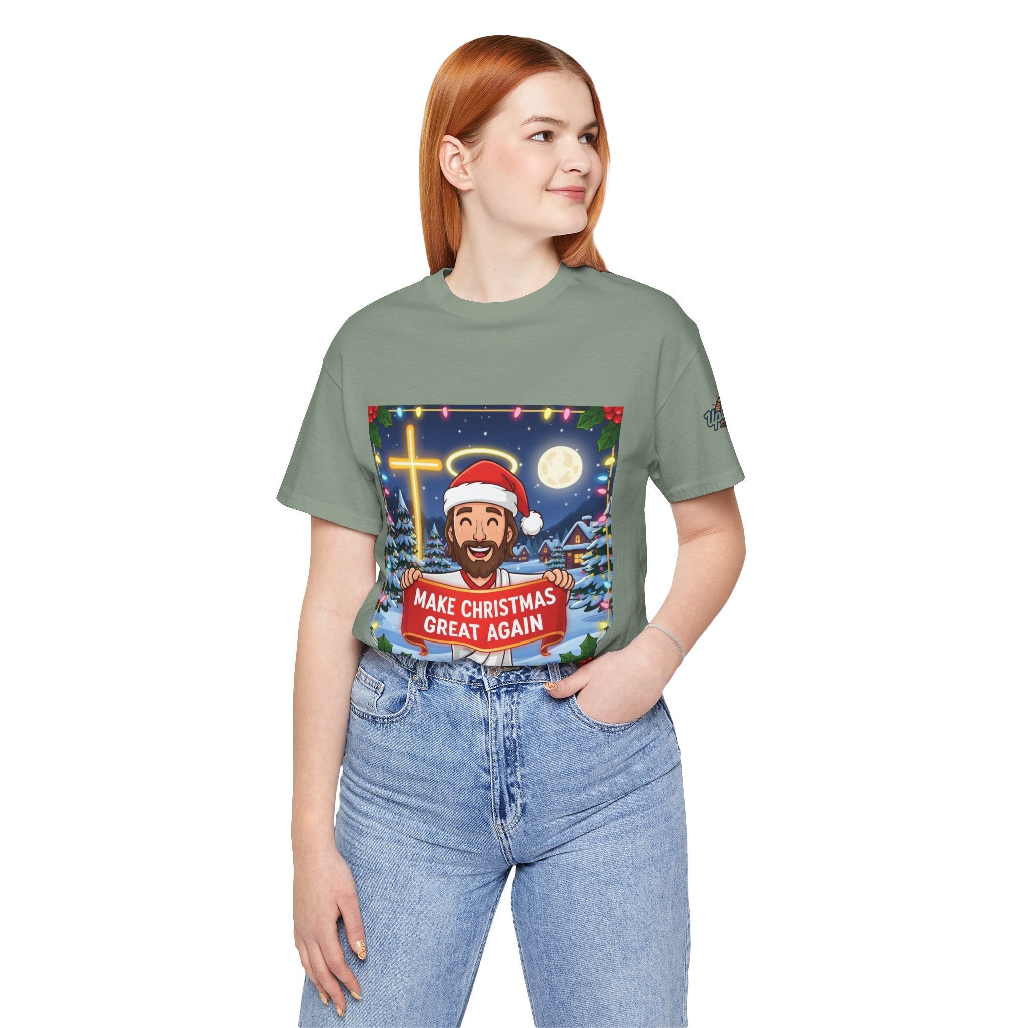 🎄 Make Christmas Great Again – Funny Christian T-Shirt | Jesus Holding Banner | Faith-Based Holiday Parody Tee | Uplifted Gear Printify