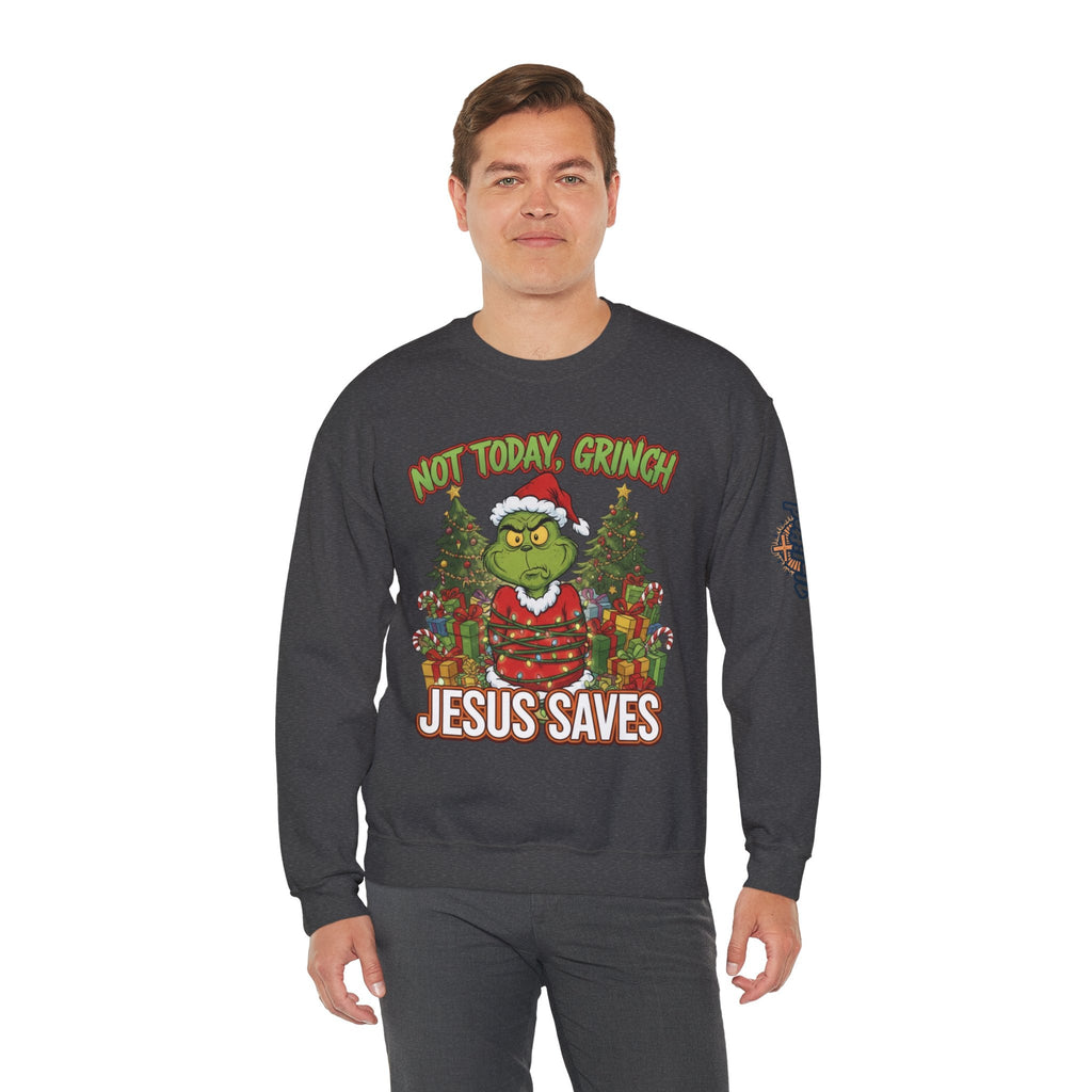 🎄 Not Today, Grinch – Jesus Saves | Funny Christian Christmas Sweatshirt | Sulking Grinch & Glowing Cross | Bold Neon Faith Tee by Uplifted Gear Printify