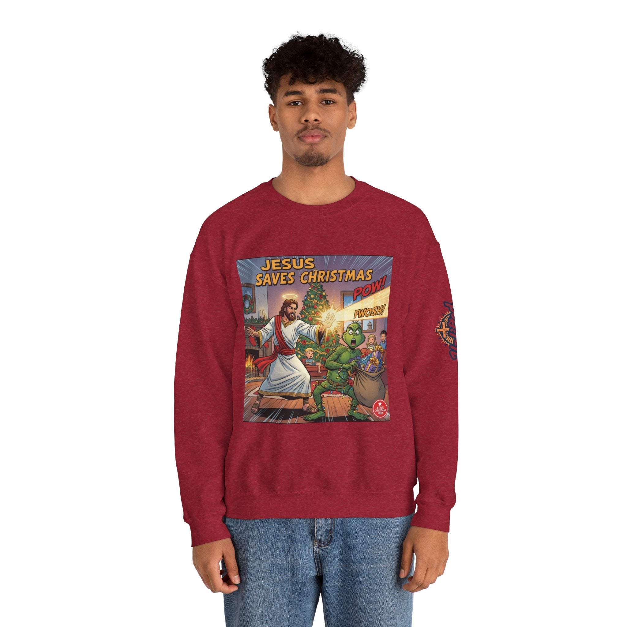 Jesus Saves Christmas Sweatshirt – Grinch vs Savior Light Battle Christian Sweatshirt for Hilarious Holiday Faith & True Joy Printify