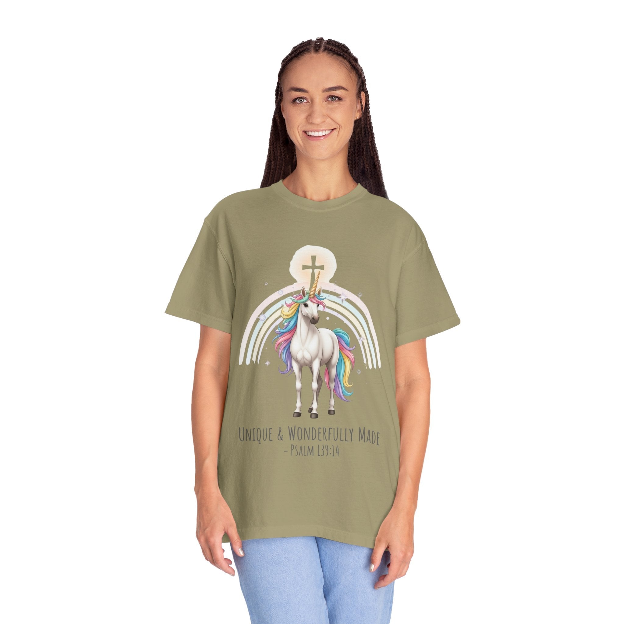 Unique Unicorn Christian T-Shirt – Wonderfully Made with Rainbow Cross & Psalm 139:14 Printify