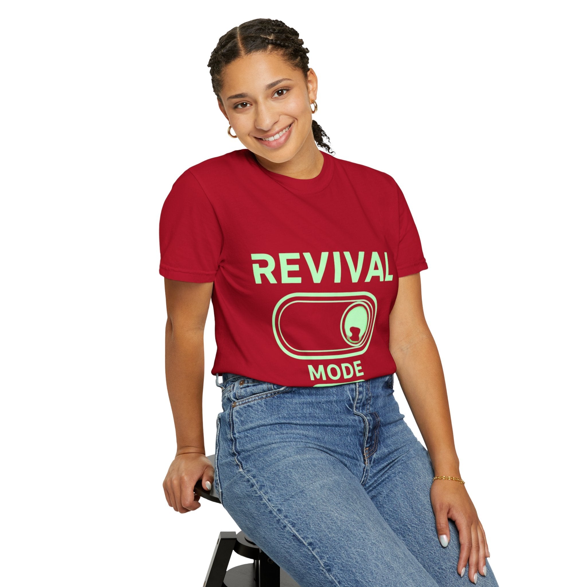 🔥 Revival Mode: ON – Christian Techwear T-Shirt | Glowing Green Faith Switch | Futuristic Jesus Shirt | Activate Your Spiritual Awakening | Uplifted Gear Printify