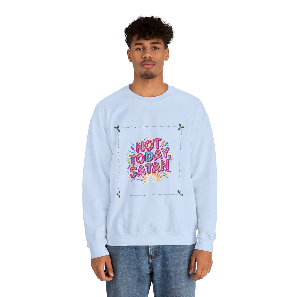 🔥 Not Today, Satan – Retro 90s Christian Sweatshirt | Neon Faith Tee | Funky Cartoon Devil | Bold Bible Verse Shirt | Uplifted Gear Printify