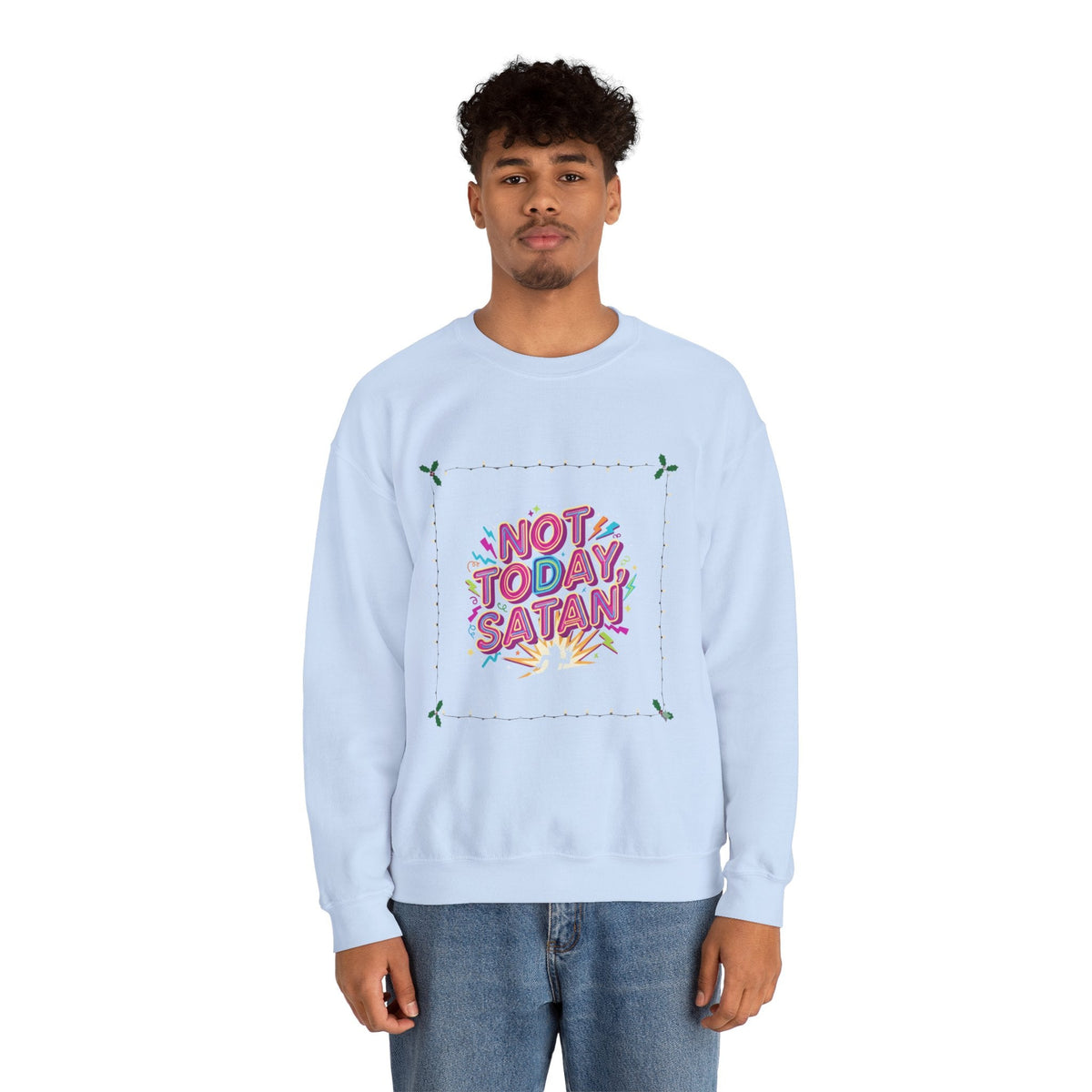 🔥 Not Today, Satan – Retro 90s Christian Sweatshirt | Neon Faith Tee | Funky Cartoon Devil | Bold Bible Verse Shirt | Uplifted Gear Printify