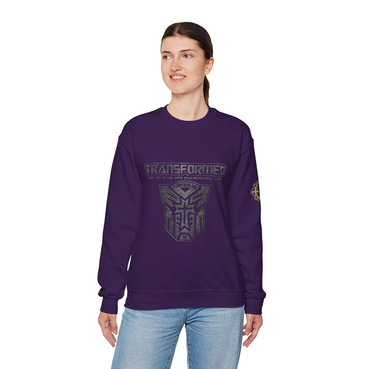 Transformer Logo Christian Sweatshirt | 2 Corinthians 3:18 Bible Verse Sweatshirt Printify