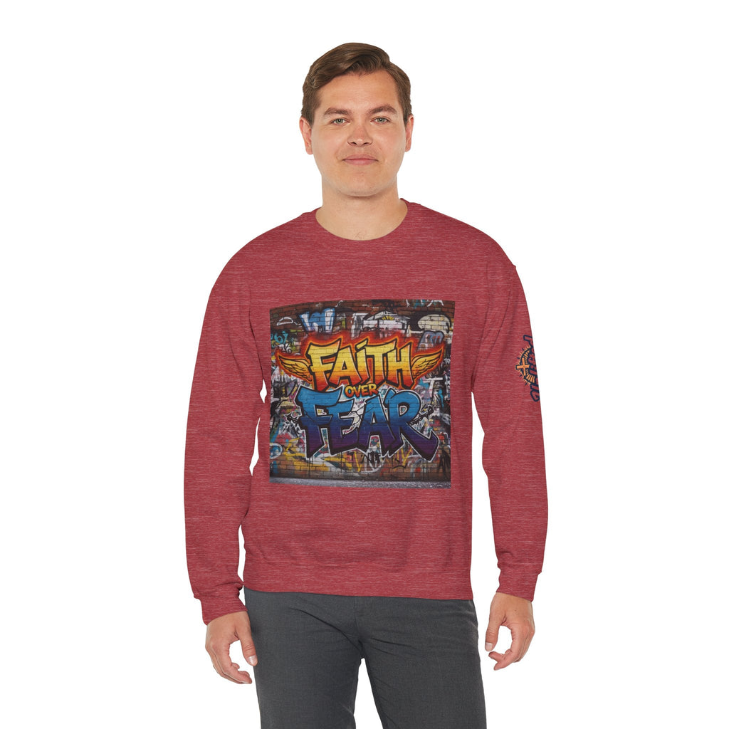 Faith Over Fear Sweatshirt – Graffiti Wall Christian Sweatshirt for Bold 2 Corinthians 5:7 Streetwear & Unshakable Faith Printify