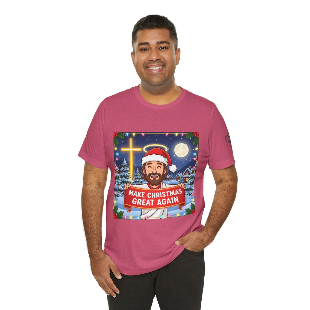 🎄 Make Christmas Great Again – Funny Christian T-Shirt | Jesus Holding Banner | Faith-Based Holiday Parody Tee | Uplifted Gear Printify