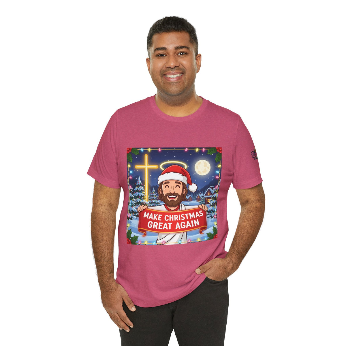 🎄 Make Christmas Great Again – Funny Christian T-Shirt | Jesus Holding Banner | Faith-Based Holiday Parody Tee | Uplifted Gear Printify