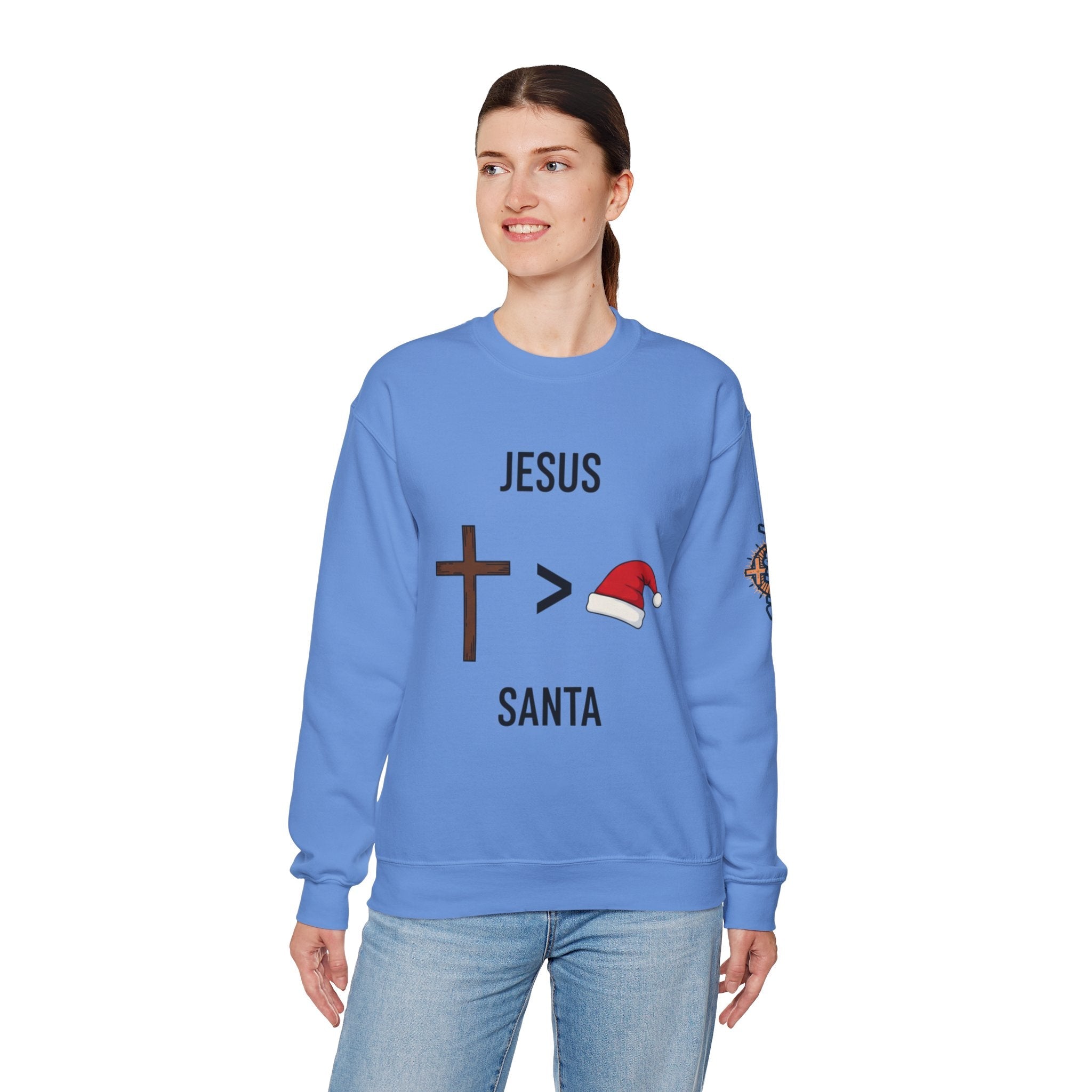 🎄 Jesus > Santa – Minimalist Christian Christmas Sweatshirt | Bold Faith Over Holiday Tee | Cross vs Santa Hat Design | Uplifted Gear Printify