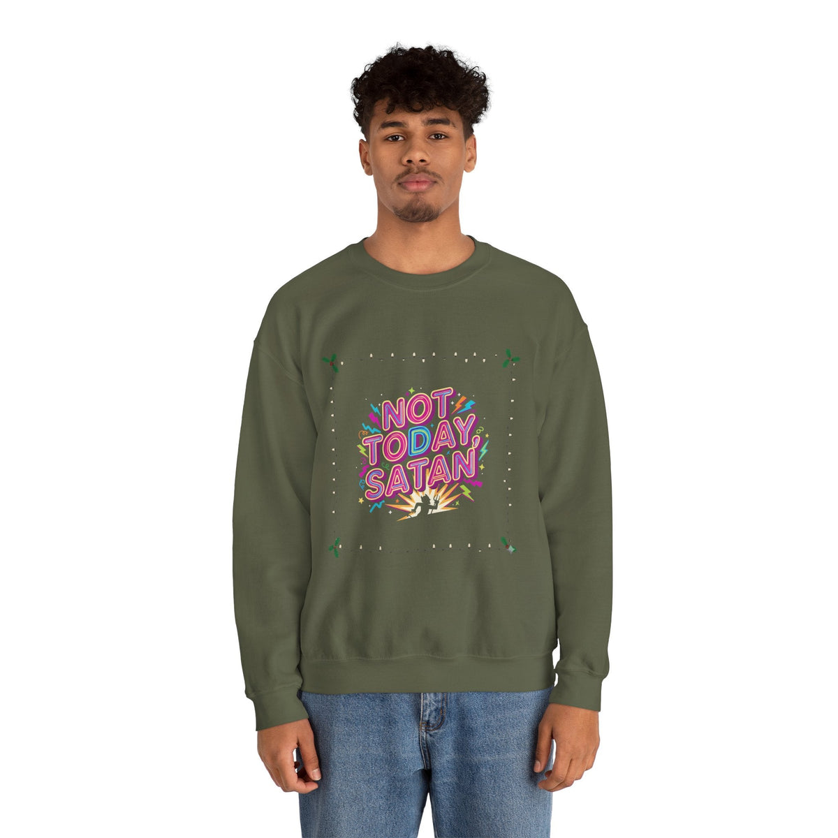 🔥 Not Today, Satan – Retro 90s Christian Sweatshirt | Neon Faith Tee | Funky Cartoon Devil | Bold Bible Verse Shirt | Uplifted Gear Printify