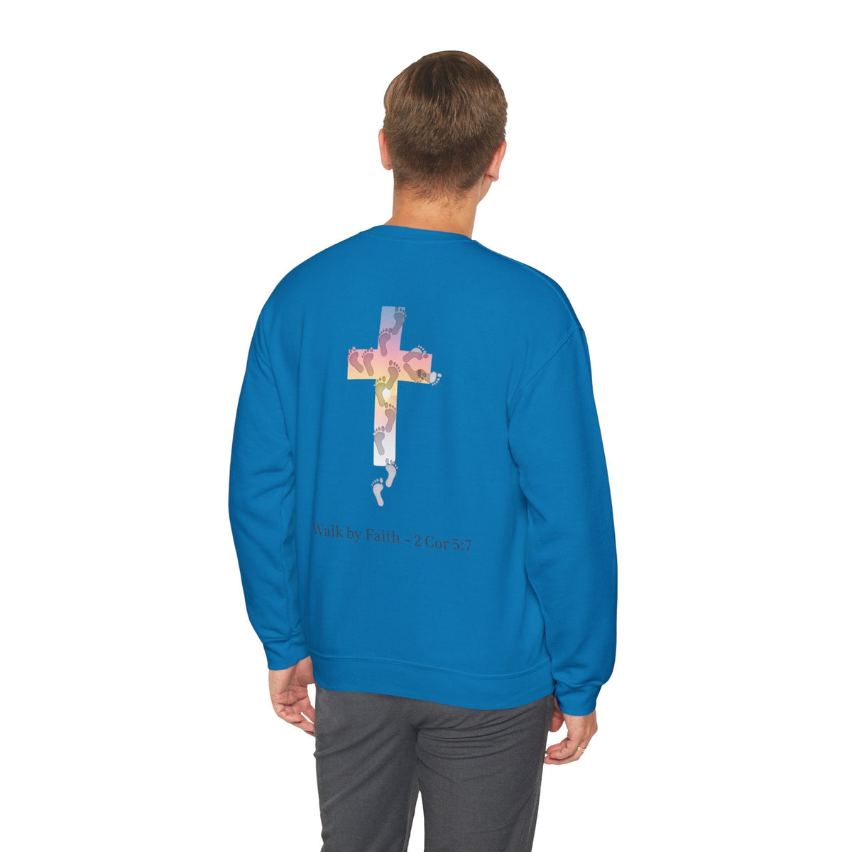 Walk by Faith Sweatshirt – Cross & Footprints Christian Sweatshirt for Cozy Inspiration Printify