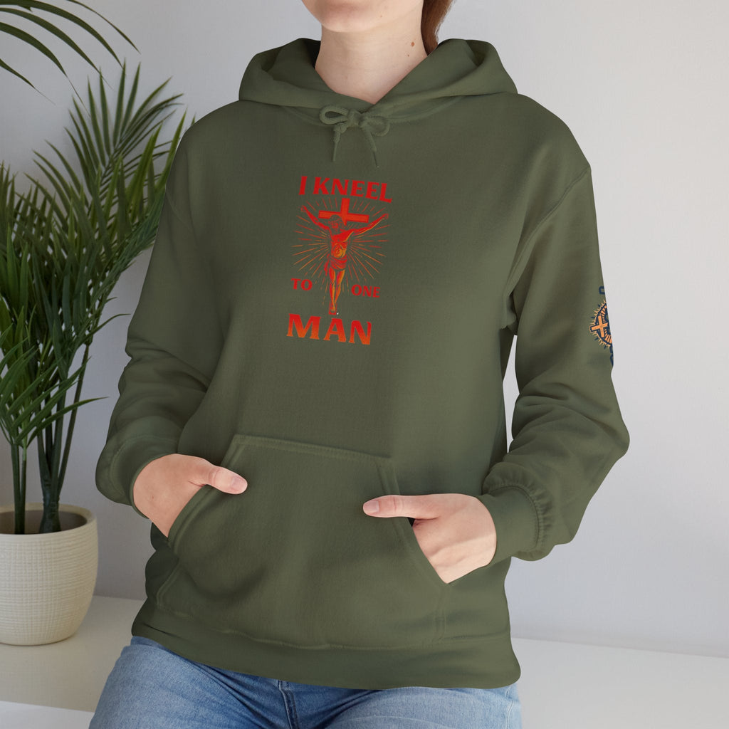 I Kneel to One Man Hoodie – Crucifixion Christian Sweatshirt for Unashamed Devotion & Bold Faith Printify