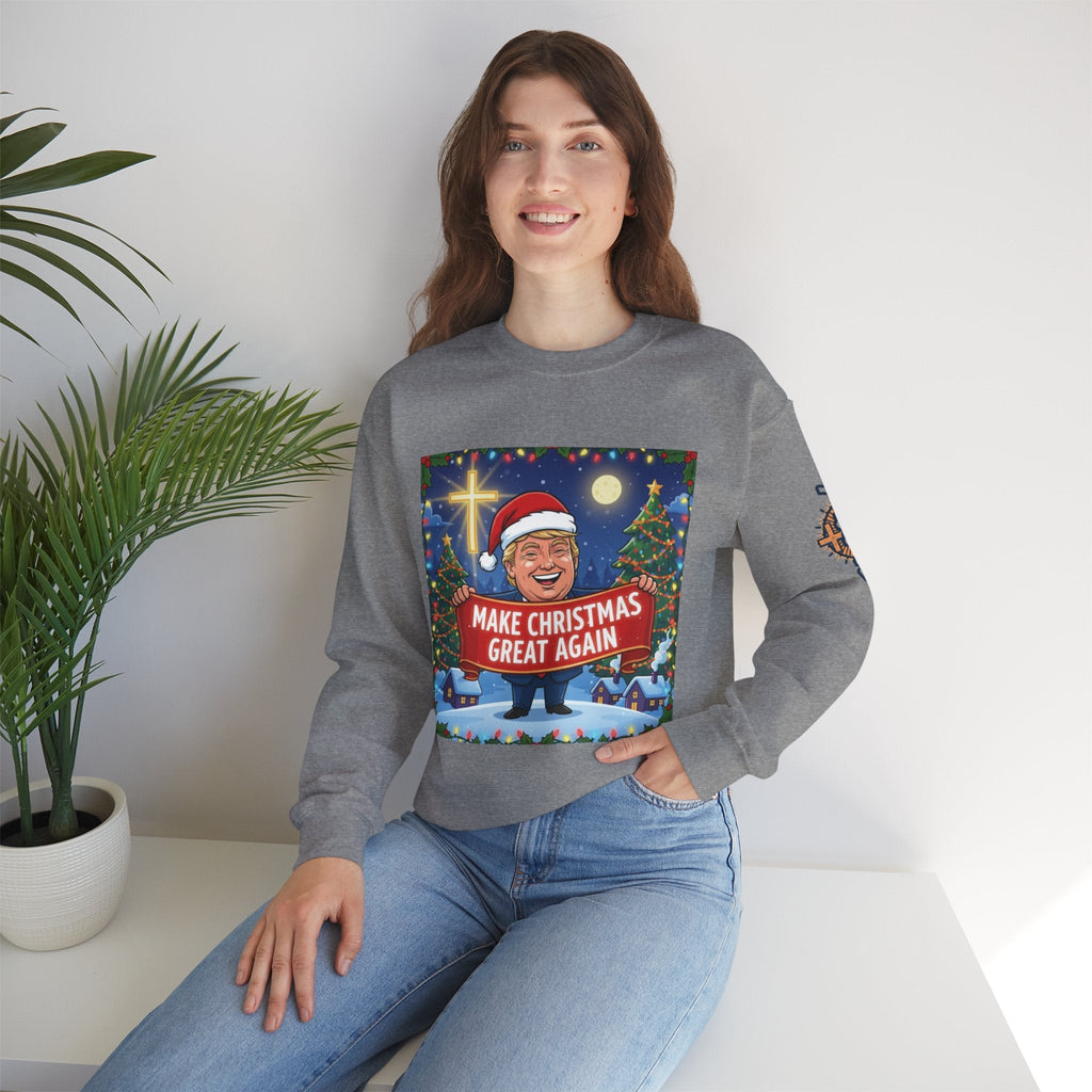 🎄 Make Christmas Great Again – Patriotic Christian Christmas Sweatshirt | Bold Holiday Faith Tee | Red & White Banner Design | Uplifted Gear Printify