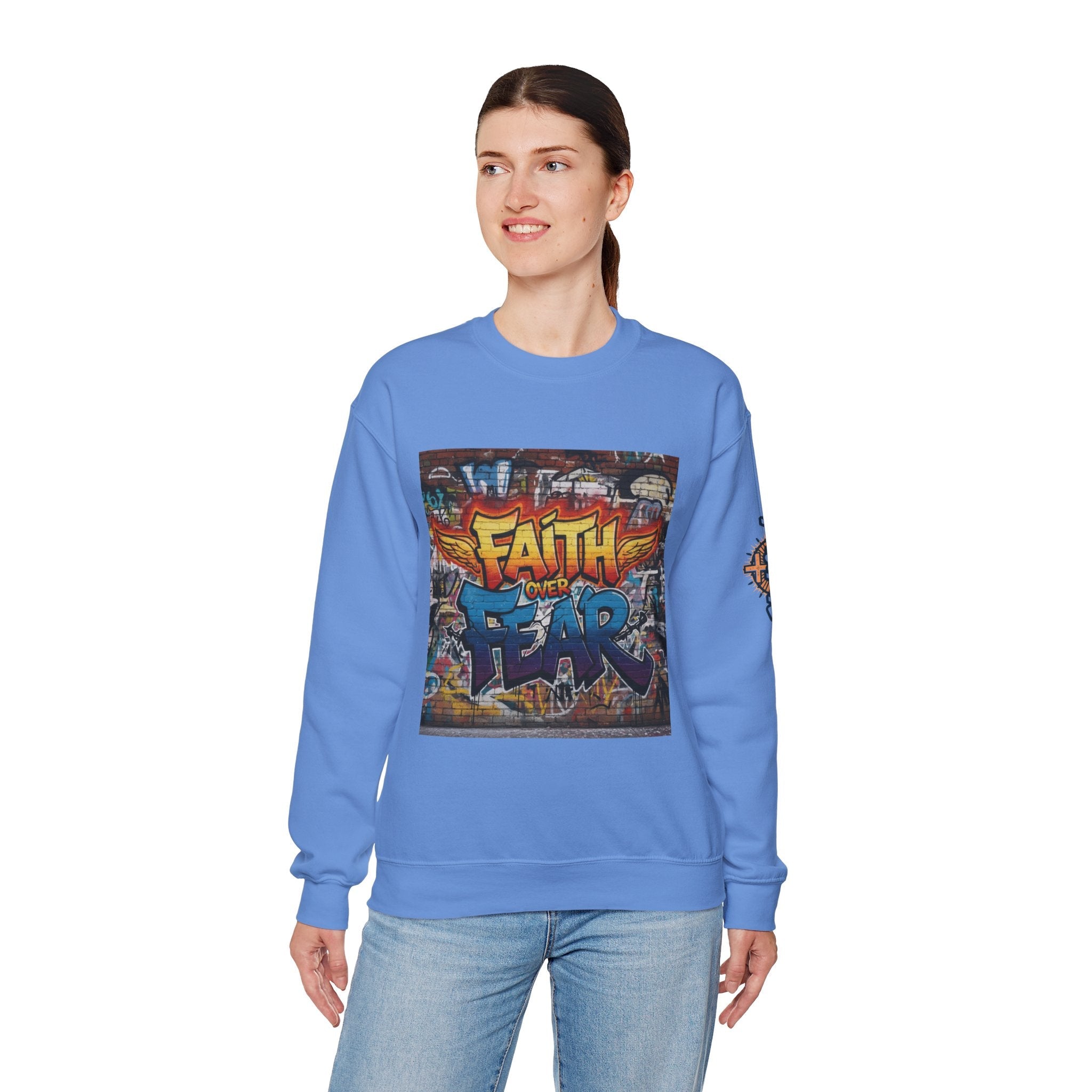Faith Over Fear Sweatshirt – Graffiti Wall Christian Sweatshirt for Bold 2 Corinthians 5:7 Streetwear & Unshakable Faith Printify